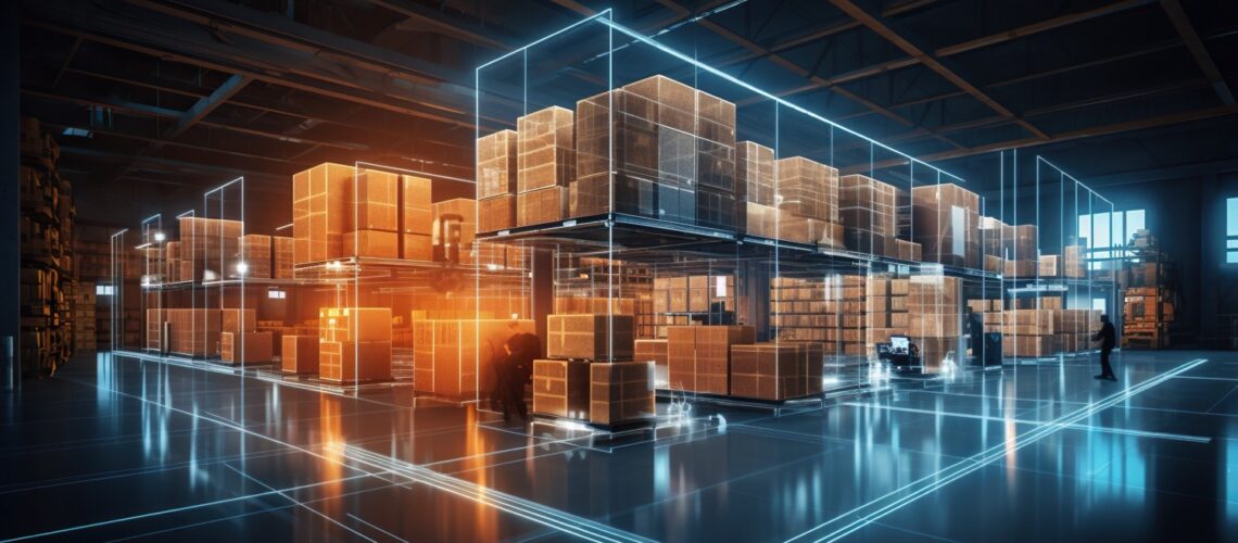Futuristic digital warehouse using augmented reality: smart logistics, ecommerce and delivery concept in modern industry